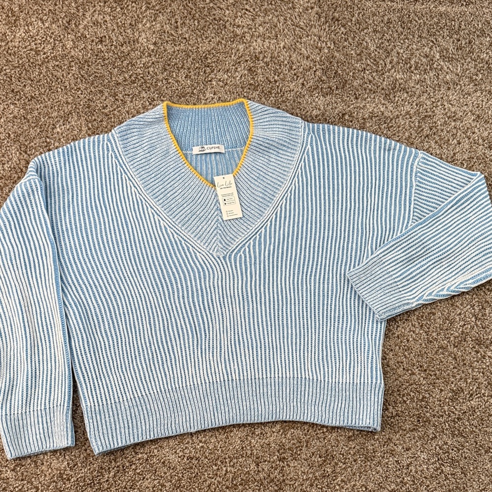 Cupshe Light Blue & Yellow V-Neck Ribbed Sweater - Picture 1 of 5